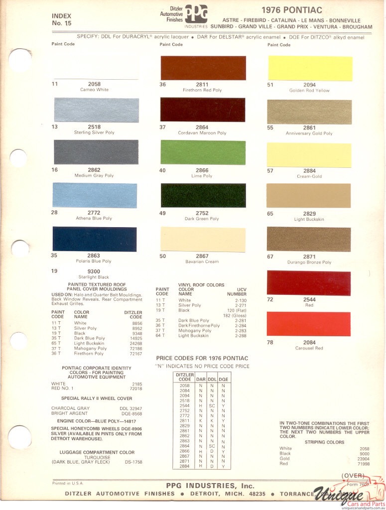 1976 Pontiac Paint Charts PPG 1